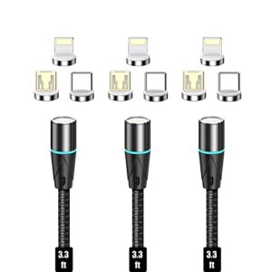 netdot magnetic charging cable,3in1 gen12 (3.3ft/3 pack black) 18w fast charging magnetic phone charger and data transfer magnetic charger for usb-c,micro usb and i-product