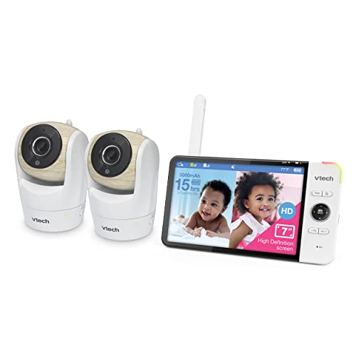 VTech VM919-2HD 2-cam Video Monitor with Battery Support 15-hr Streaming, 7" 720p Display, 360 Panoramic Viewing, 110 Wide-Angle View, Night Vision, Up to 1000ft Range, Secured Transmission