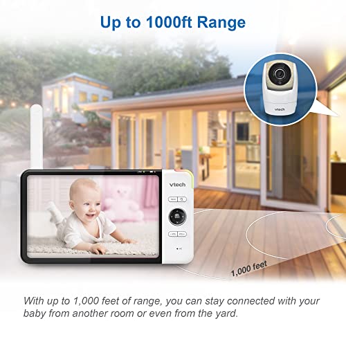 VTech VM919-2HD 2-cam Video Monitor with Battery Support 15-hr Streaming, 7" 720p Display, 360 Panoramic Viewing, 110 Wide-Angle View, Night Vision, Up to 1000ft Range, Secured Transmission