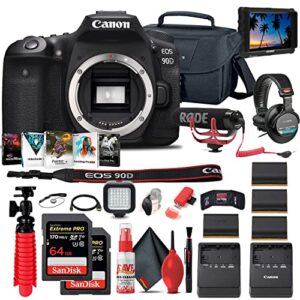 canon eos 90d dslr camera (body only) (3616c002), 4k monitor, pro mic, pro headphones, 2 x 64gb memory card, case, corel photo software, 3 x lpe6 battery, charger + more (renewed)