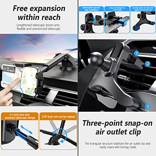 NHHC Car Phone Holder Mount,Dashboard/Windshield/Air Vent Cell Phone Holder,Anti-Shake Handsfree 360°Rotatable and Retractable Car Phone Holder,Compatible iPhone 14 13 12 Pro Max/All Smart Phones