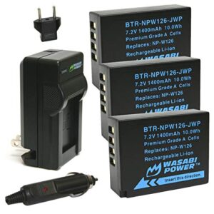 wasabi power battery (3-pack) and charger for fujifilm np-w126 & hs50exr, x-t100, x-t200, x100f, x100v, x-a10, x-e2s, x-e3, x-e4, x-pro2, x-pro3, x-t1, x-t2, x-t3, x-t10, x-t20, x-t30, x-t30 ii
