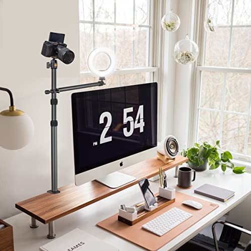 jusmo Camera Desk Mount with Auxiliary Holding Arm, Overhead Camera Mount with 360° Ballhead and Phone Grip, Table C-Clamp Multi Mount Stand for DSLR, Phone, Light, Webcam and More (LS02)