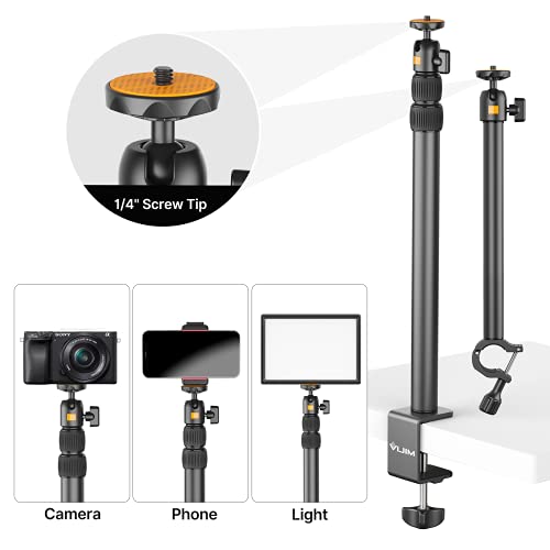 jusmo Camera Desk Mount with Auxiliary Holding Arm, Overhead Camera Mount with 360° Ballhead and Phone Grip, Table C-Clamp Multi Mount Stand for DSLR, Phone, Light, Webcam and More (LS02)