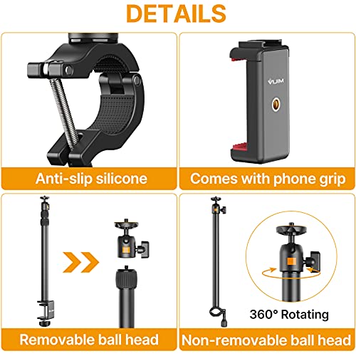 jusmo Camera Desk Mount with Auxiliary Holding Arm, Overhead Camera Mount with 360° Ballhead and Phone Grip, Table C-Clamp Multi Mount Stand for DSLR, Phone, Light, Webcam and More (LS02)