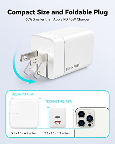45W USB C Charger, TECKNET PD 3.0 Super Fast Wall Charger with Dual Ports, GaN Tech Portable Power Adapter Compatible for iPhone 14/13/Mini Pro Max, MacBook Pro 13″, iPad Pro, Galaxy S22/21
