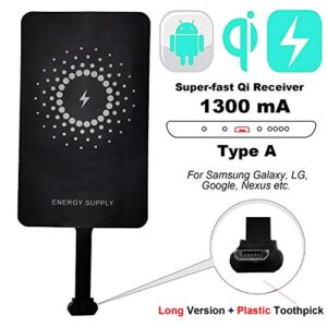 MyMAX – Type A 1300mA Super-Fast Qi Wireless Charging Receiver and Adapter Compatible with Samsung Galaxy, LG, Google Nexus, and Other Micro USB-A Devices (Long Version, Plastic Toothpick)