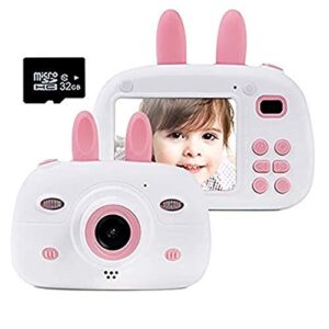 gmlmes kids video cameras digital rabbit cameras for girls boys toddlers 3-10 years old birthday gifts 1080p hd shockproof rechargeable video recorder player with 2.4 inch ips screen (pink)