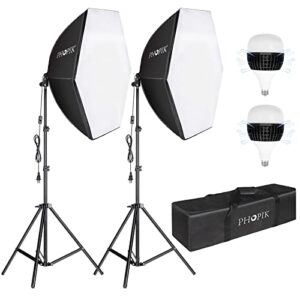 phopik softbox photography lighting kit: photo studio equipment 30 x 30 inches with e27 60w 5400k light bulb and adjustable height light stand for filming video, photo shooting and streaming