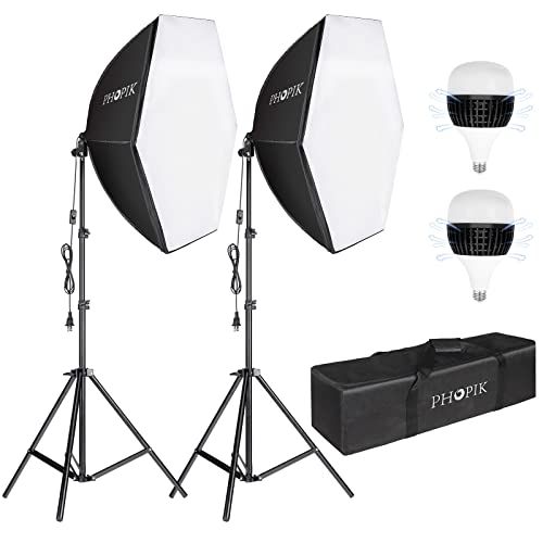 PHOPIK Softbox Photography Lighting Kit: Photo Studio Equipment 30 x 30 inches with E27 60W 5400K Light Bulb and Adjustable Height Light Stand for Filming Video, Photo Shooting and Streaming