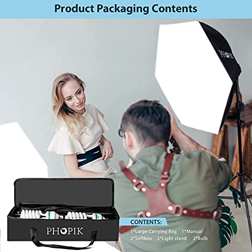 PHOPIK Softbox Photography Lighting Kit: Photo Studio Equipment 30 x 30 inches with E27 60W 5400K Light Bulb and Adjustable Height Light Stand for Filming Video, Photo Shooting and Streaming