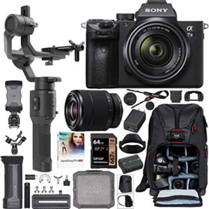 sony a7iii full frame mirrorless camera + fe 28-70mm f3.5-5.6 lens ilce-7m3k/b filmmaker’s kit with dji ronin-sc 3-axis handheld gimbal stabilizer bundle + deco photo backpack + 64gb card + software