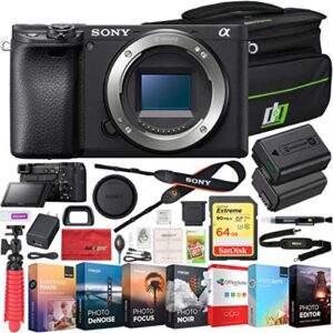 sony ilce-6400 a6400 mirrorless aps-c interchangeable-lens camera bundle with deco gear bag, 64gb card, photo video software and replacement battery
