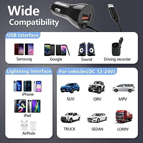 [Apple MFi Certified] Weduda iPhone Car Charger 30W Super Fast Car Phone Charger Cigarette Lighter QC 3.0 Adapter with Build-in 6FT Coiled Lightning Cable for Apple iPhone 14/13/12/11/XR/Max,iPad