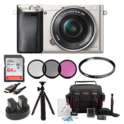 Sony Alpha a6000 Mirrorless Camera w/ 16-50mm Lens & 64GB Card Bundle (Silver)