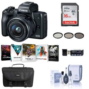 canon eos m50 mirrorless camera with ef-m 15-45mm f/3.5-6.3 is stm lens, black – bundle with 16gb sdhc card, camera case, 49mm filter kit, cleaning kit, card reader, pc software package