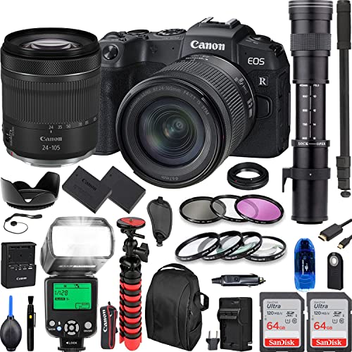 Camera Bundle for Canon EOS RP Mirrorless Camera with RF 24-105mm f/4-7.1 is STM, 420-800mm f/8 Manual Telephoto Zoom Lens Extra Battery, TTL Flash, 128Gb High Speed Memory Card + Accessories Kit