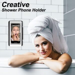 URROY Shower Phone Holder Waterproof Anti Fog 480° Rotatable Bathroom Phone Mirror Wall Mount Guardian Case Shelf Stand for Bathtub Kitchen Universal Shower Accessories for All Cell Phone Up to 6.8"