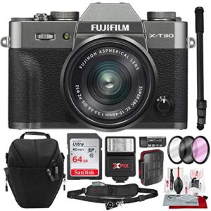 fujifilm x-t30 4k wi-fi mirrorless digital camera with xc 15-45mm lens kit – charcoal silver with 64gb deluxe bundle and travel photo cleaning kit
