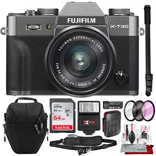 Fujifilm X-T30 4K Wi-Fi Mirrorless Digital Camera with XC 15-45mm Lens Kit - Charcoal Silver with 64GB Deluxe Bundle and Travel Photo Cleaning Kit