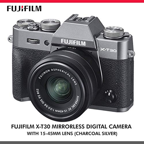 Fujifilm X-T30 4K Wi-Fi Mirrorless Digital Camera with XC 15-45mm Lens Kit - Charcoal Silver with 64GB Deluxe Bundle and Travel Photo Cleaning Kit