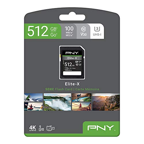 PNY 512GB Elite-X Class 10 U3 V30 SDXC Flash Memory Card - 100MB/s, Class 10, U3, V30, 4K UHD, Full HD, UHS-I, Full Size SD