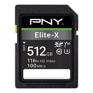 pny 512gb elite-x class 10 u3 v30 sdxc flash memory card – 100mb/s, class 10, u3, v30, 4k uhd, full hd, uhs-i, full size sd