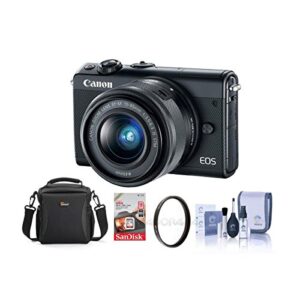 canon eos m100 mirrorless camera with ef-m 15-45mm f/3.5-6.3 is stm lens, black – bundle with 16gb sdhc card, camera case, 49mm uv filter, cleaning kit