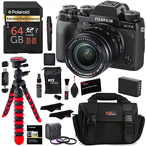 Fujifilm X-T2 Mirrorless Digital Camera 18-55mm F2.8-4.0 R LM OIS Lens, Polaroid 64GB, Filter Kit, Bag, Tripod, Spare Battery and Accessory Bundle