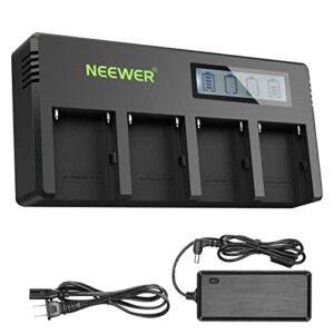 neewer 4-channel np-f battery charger with lcd screen & power adapter, compatible with sony np-f550 f570 f750 f770 f930 f950 f960 f970 fm50 fm500h qm71 qm91 qm71d qm91d camcorder li-ion batteries