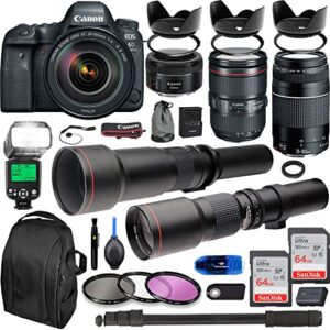 camera bundle for canon eos 6d mark ii dslr camera w/ 24-105mm usm lens + ef 75-300mm iii lens, 50mm f/1.8, 500mm lens & 650-1300mm lens, ttl flash, backpack, 128gb memory + professional bundle