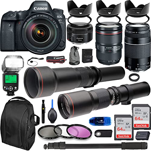 Camera Bundle for Canon EOS 6D Mark II DSLR Camera w/ 24-105mm USM Lens + EF 75-300mm III Lens, 50mm f/1.8, 500mm Lens & 650-1300mm Lens, TTL Flash, Backpack, 128GB Memory + Professional Bundle