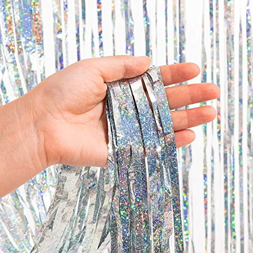 Silver Foil Fringe Tinsel Backdrop Glitter - GREATRIL Party Streamers Backdrop Curtains for Birthday/Christmas/New Year/Bachelorette Party/Disco Dancing Ball Decorations - Pack of 2