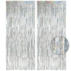 Silver Foil Fringe Tinsel Backdrop Glitter - GREATRIL Party Streamers Backdrop Curtains for Birthday/Christmas/New Year/Bachelorette Party/Disco Dancing Ball Decorations - Pack of 2