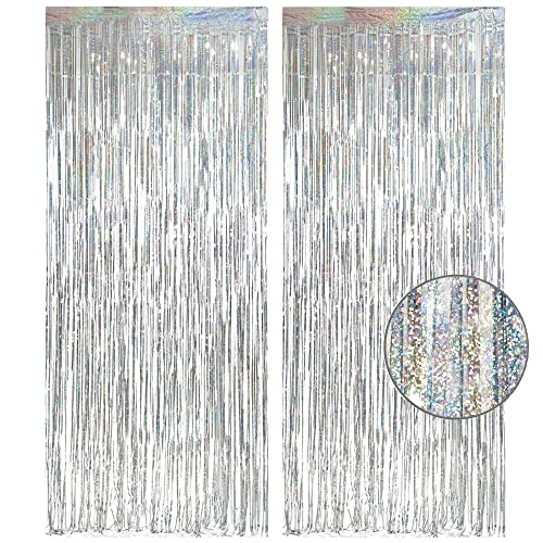 Silver Foil Fringe Tinsel Backdrop Glitter - GREATRIL Party Streamers Backdrop Curtains for Birthday/Christmas/New Year/Bachelorette Party/Disco Dancing Ball Decorations - Pack of 2