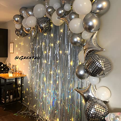 Silver Foil Fringe Tinsel Backdrop Glitter - GREATRIL Party Streamers Backdrop Curtains for Birthday/Christmas/New Year/Bachelorette Party/Disco Dancing Ball Decorations - Pack of 2