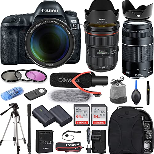 Camera Bundle for Canon EOS 5D Mark IV DSLR Camera w/ 24-70mm USM Lens + EF 75-300mm III Lens, Pro Microphone, Backpack, 128GB Memory, Extra Battery + Professional Bundle