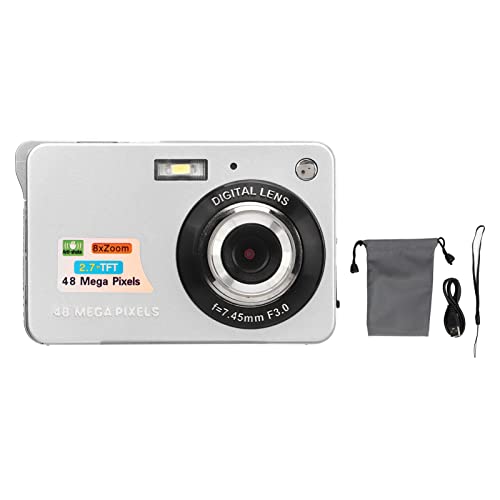 Qiilu Digital Camera Compact, 4K Digital Camera 48MP 2.7in LCD Display 8X Zoom Anti Shake Vlogging Camera for Photography Continuous Shooting (Silver)