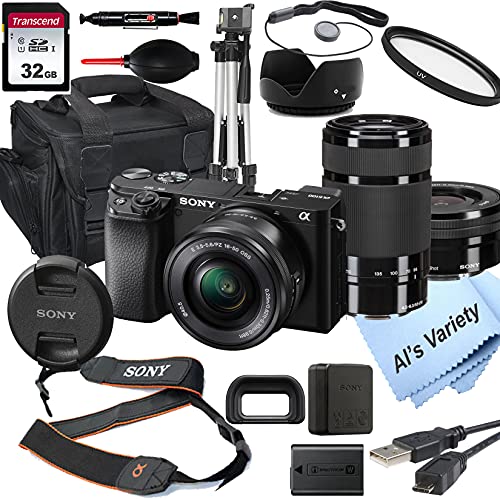 Sony Intl., Sony Alpha a6100 Mirrorless Digital Camera with 1650mm and 55210mm Lenses + 32GB Card, Tripod, Case, and More (18pc Bundle) (Renewed)