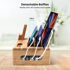 Bamboo Charging Dock for 4/5/6 Ports USB Charger, Desktop Docking Rack Organizer with 5 Charging Cables for Cell Phone,Tablet,Earbuds (No Power Supply)