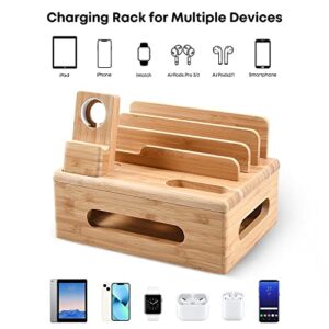 Bamboo Charging Dock for 4/5/6 Ports USB Charger, Desktop Docking Rack Organizer with 5 Charging Cables for Cell Phone,Tablet,Earbuds (No Power Supply)