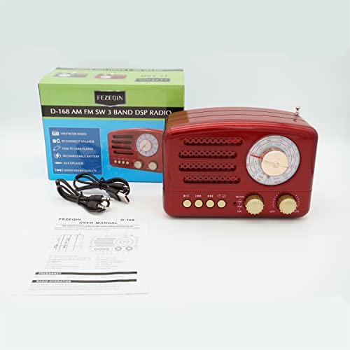 FEZEQIN D-168 Portable AM FM Shortwave 3 Band Radio Transistor Receiver Vintage DSP Radio Rechargeable Battery Operated Wireless BT Speaker Support TF Card/USB/AUX Play Good for Family Elderly (Red)