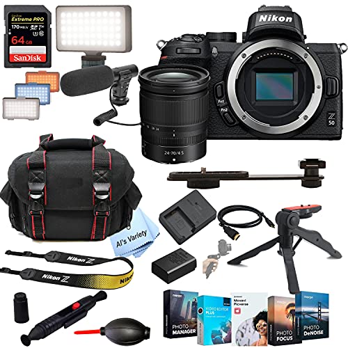 Nikon Z50 Mirrorless Digital Camera 20.9MP W/Nikkor Z 24-70mm f/4 S Lens + Shot-Gun Microphone + LED Always on Light+ 64GB Extreme Speed Card, Gripod, Case, and More (26pc Video Bundle)