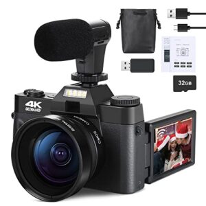 monitech 4k compact digital camera, video camera with wide-angle & macro lens, camera for photography with external mic, 32gb tf card, vlogging camera