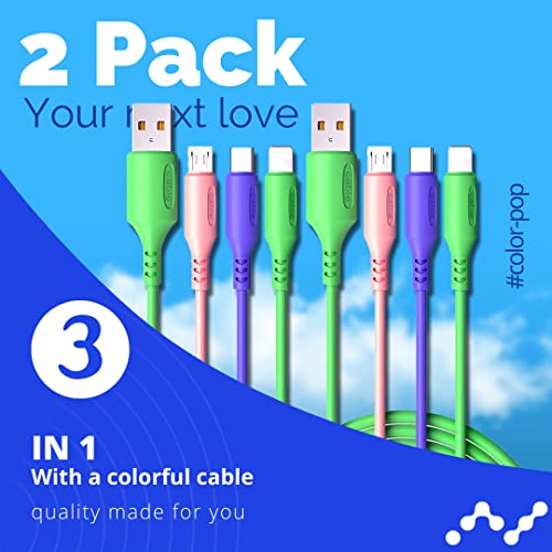 Multi Charging Cable – 2-Pack 3 in 1 Charging Cable for Car, Office – Liquid Silicone Rubber Phone Charger Type C Cable, Micro USB – Compatible with iPhone, Tablet, Samsung, Huawei