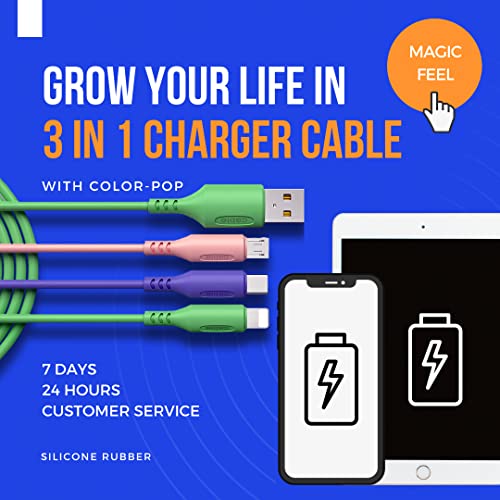 Multi Charging Cable – 2-Pack 3 in 1 Charging Cable for Car, Office – Liquid Silicone Rubber Phone Charger Type C Cable, Micro USB – Compatible with iPhone, Tablet, Samsung, Huawei