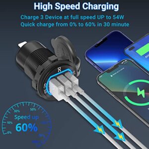 12V USB Outlet Qidoe 54W Car Charger Socket 3 Port USB Quick Charge3.0 Outlet with Waterproof Aluminum Multiple Car Power Outlet Adapter for Boat Truck Marine Golf Cart