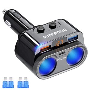 superone 150w 2-socket cigarette lighter splitter power adapter, usb c car charger with 20w power delivery 3.0 & qc 3.0 for iphone 14 pro max/13/12/11/11 pro/x/8/7, samsung, google pixel and more
