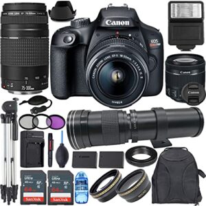 camera bundle for eos rebel t100 dslr camera with 18-55mm f/3.5-5.6 is ii+ 75-300mm f/4-5.6 iii + 420-800mm manual focus lens and accessories kit (128gb, travel charger, tripod, and more)
