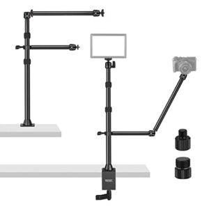 neewer camera desk mount stand with two auxiliary holding arms, overhead camera mount tabletop c clamp 360° swivel ball heads for dslr, webcam, photography, videography, live streaming, zoom calls